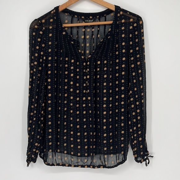 Lucky Brand Semi-Sheer Boho Peasant Top Black Gold Size Small - Picture 1 of 7